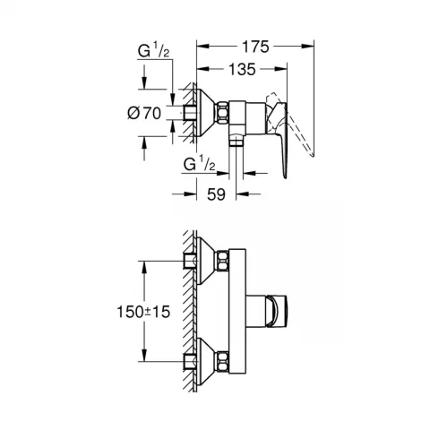 Baterie dus monocomanda Grohe BauEdge crom lucios