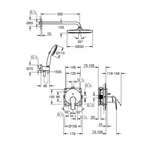 Sistem de dus incastrat Grohe Eurosmart Tempesta 250 crom lucios