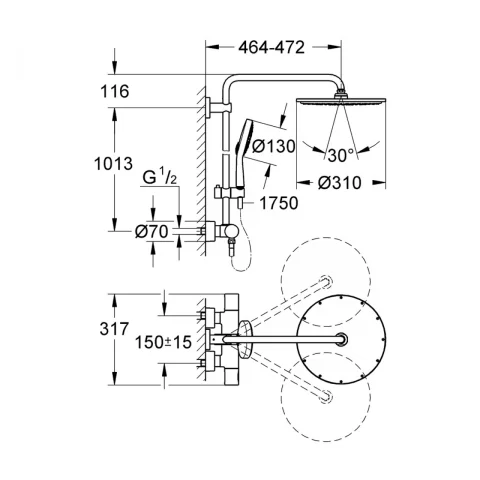 Sistem de dus cu baterie termostatata Grohe Rainshower 310 crom lucios