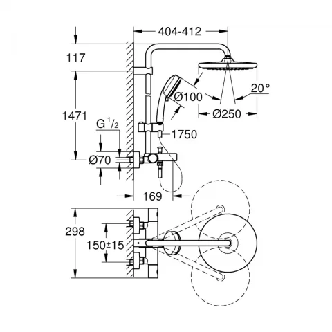 Sistem de dus cu baterie termostatata Grohe Tempesta Cosmopolitan 250 crom lucios