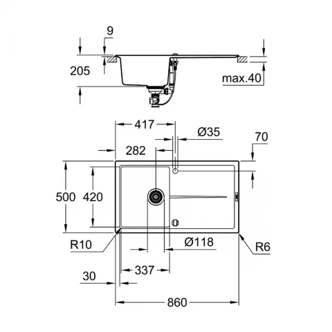 Chiuveta compozit reversibila Grohe K400 86x50 cm negru granit