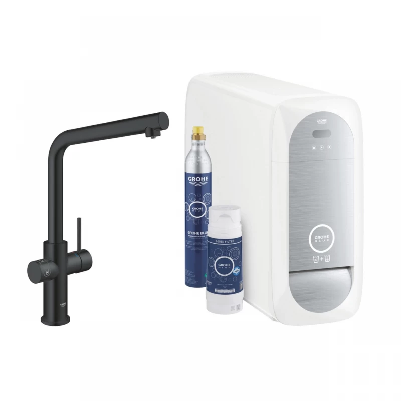 Baterie bucatarie cu pipa tip L Starter Kit Grohe Blue Home negru mat