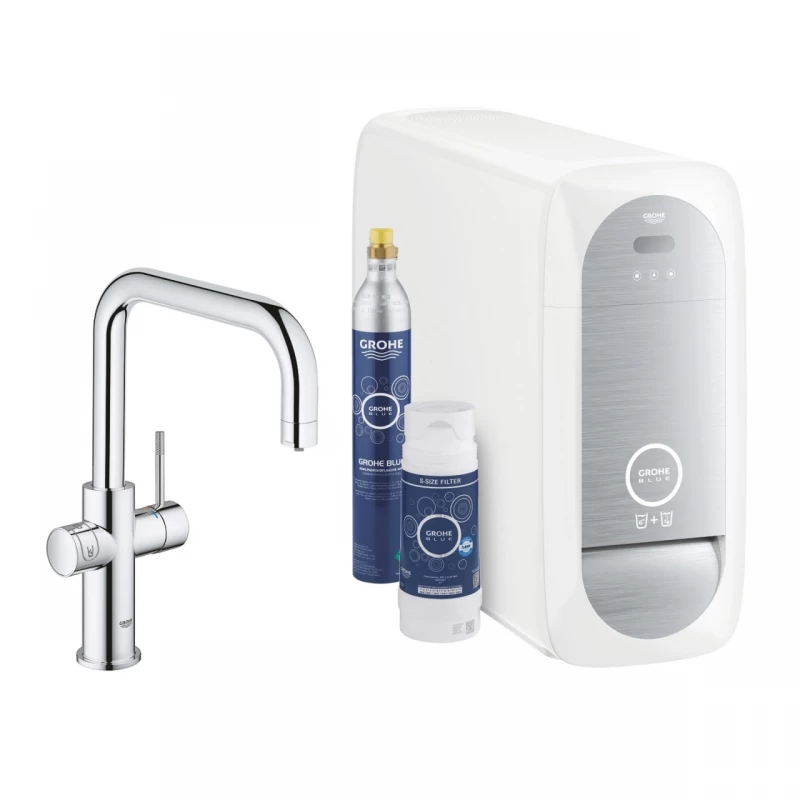 Baterie bucatarie cu pipa tip U Starter Kit Grohe Blue Home crom lucios 