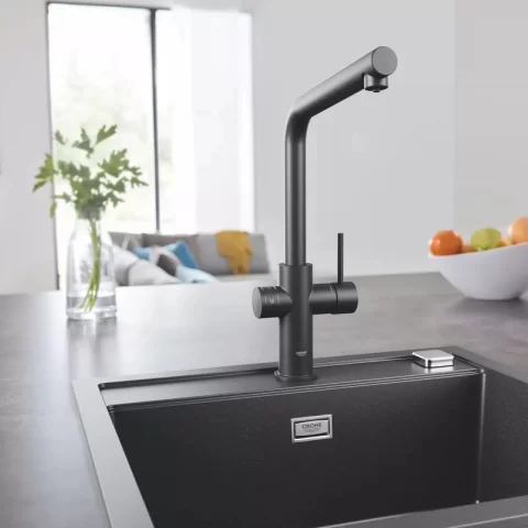 Baterie bucatarie cu pipa tip L Starter Kit Grohe Blue Home negru mat