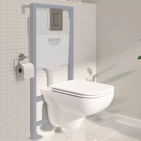 Set PROMO 5 in 1 vas WC rimless cu capac Grohe Start Edge rezervor Solido cu clapeta Even crom 