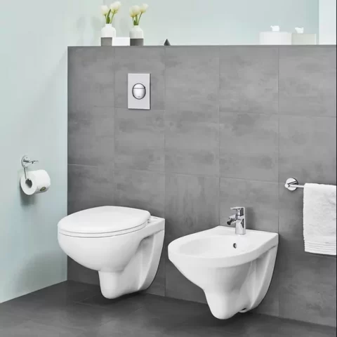 Set PROMO 4 in 1 vas WC rimless cu capac Grohe Bau Ceramic rezervor Solido cu clapeta Skate Cosmopolitan crom 