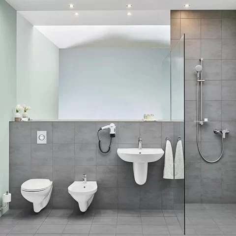Set PROMO 4 in 1 vas WC rimless cu capac Grohe Bau Ceramic rezervor Solido cu clapeta Skate Cosmopolitan crom 