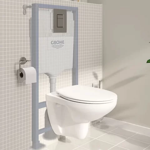 Set PROMO 4 in 1 vas WC rimless cu capac Grohe Bau Ceramic rezervor Solido cu clapeta Skate Cosmopolitan crom 