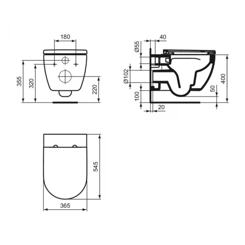 Set PROMO vas WC suspendat Ideal Standard Ellisse Rimless 54.5x36.5 cm cu capac alb softclose