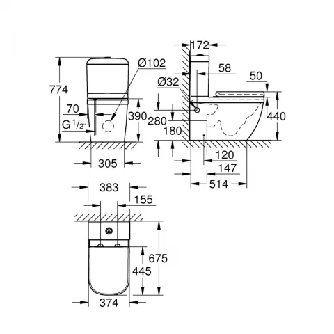 Set PROMO vas WC Grohe Euro Ceramic BTW Triple Vortex, PureGuard rezervor si capac 