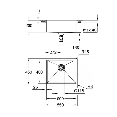 Chiuveta inox Grohe K700 55x45 cm cu 1 cuva auriu lucios fara picurator