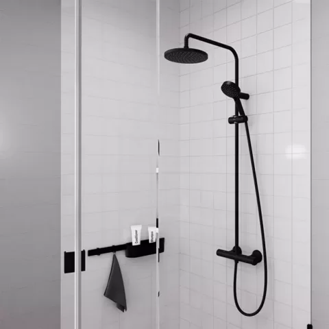 Sistem de dus cu baterie termostatata Hansgrohe Vernis Blend 200 cu 2 functii negru mat 