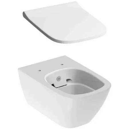 Set PROMO vas WC suspendat Geberit Smyle Square 55x35 cm alb cu functie bideu si capac slim Rimfree