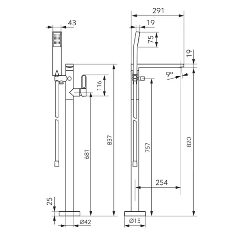 Baterie cada si dus freestanding FDesign Zaffiro negru mat monocomanda