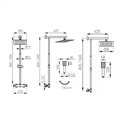 Sistem de dus FDesign Anima Quadro crom lucios cu baterie termostatata 