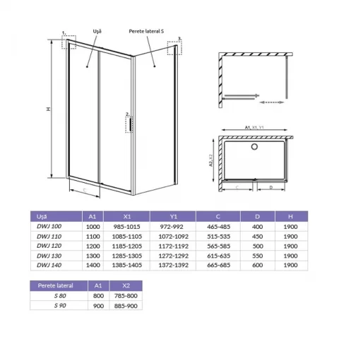 Set promotional cabina de dus Radaway Alienta DWJ+S crom 100x90 cm cu cadita si sifon