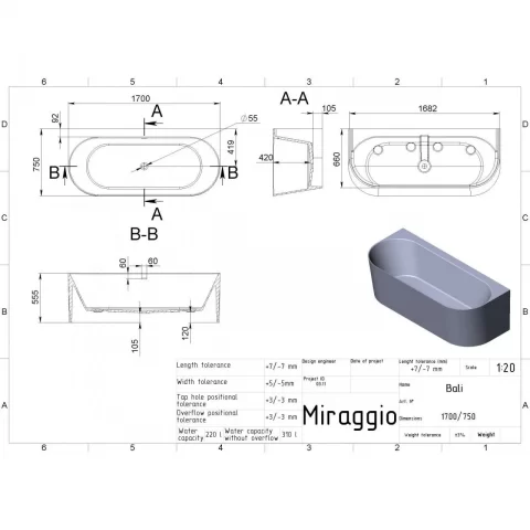 Cada freestanding compozit Coloana Bali 170x75 cm alb lucios