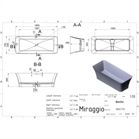 Cada freestanding compozit Coloana Bonita 180x75.5 cm alb mat