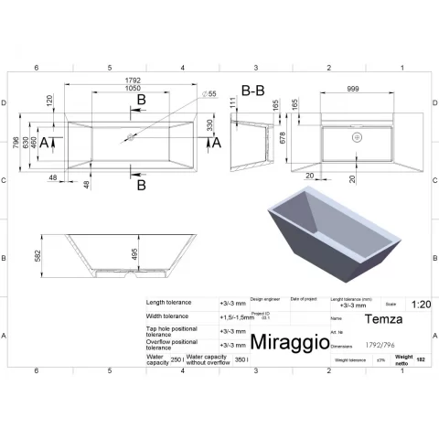 Cada freestanding compozit Coloana Temza 179.2x79.6 cm alb lucios