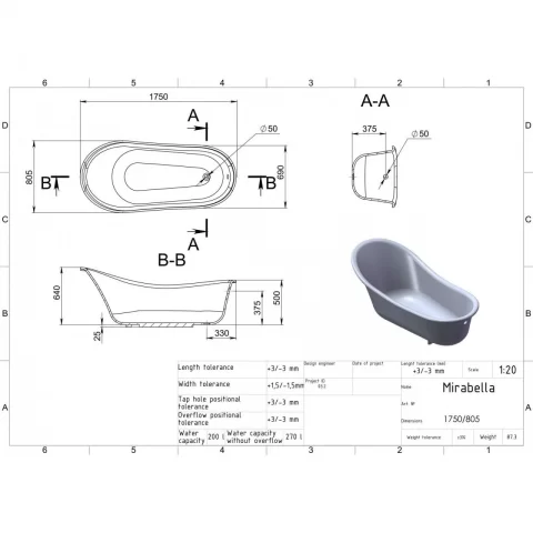 Cada freestanding compozit Coloana Mirabella 175x80.5 cm negru lucios