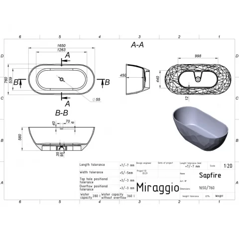 Cada freestanding compozit Coloana Sapfire 165x76 cm negru mat