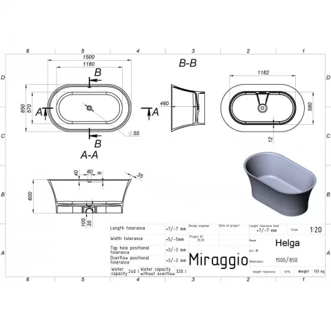 Cada freestanding compozit Coloana Helga 150x85 cm alb lucios