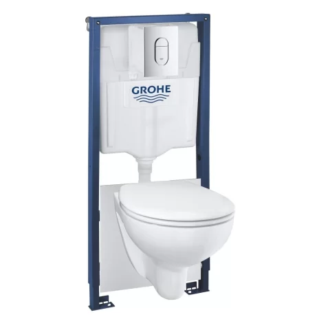 Promo GROHE Pachet rezervor incastrat Solido Rimless, Clapeta arena Cosmo, vas wc Bau Ceramic si capac, alb