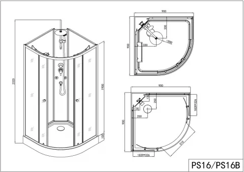 Cabina de dus completa RELOAD, semirotunda, fara plafon, 90x90x232cm - PS16B