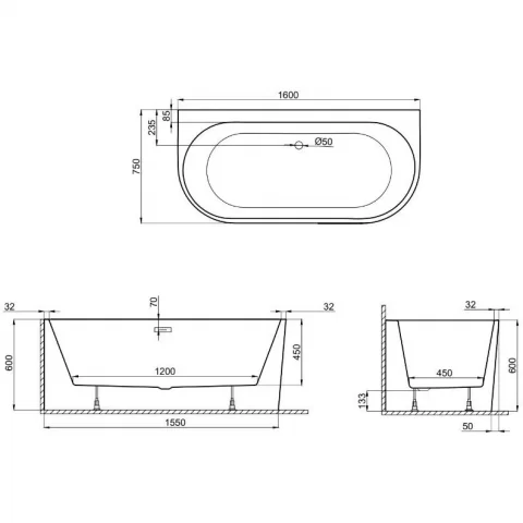 Cada freestanding semirotunda Spatio Sola acril 160x75 cm, negru lucios