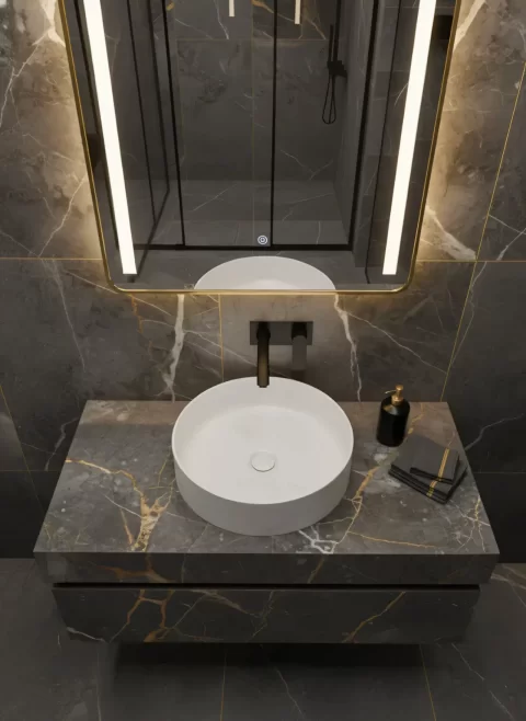 Lavoar Rotund Alb din Ceramică cu Finisaj Marble Subtil - a712-cugo04-m