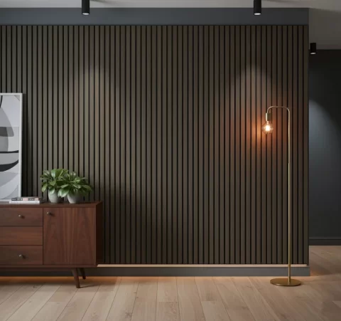 Panou riflaj decorativ XYPT-13 – lamele verticale nuc închis pe bază neagră