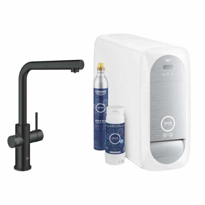 Baterie bucatarie Grohe Blue Home cu pipa tip L si kit Starter negru mat