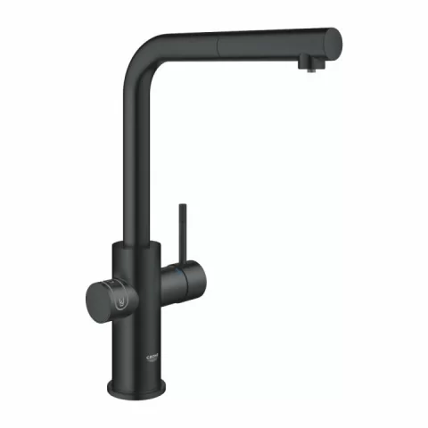 Baterie bucatarie Grohe Blue Home cu pipa tip L si kit Starter negru mat