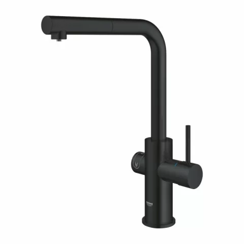 Baterie bucatarie Grohe Blue Home cu pipa tip L si kit Starter negru mat
