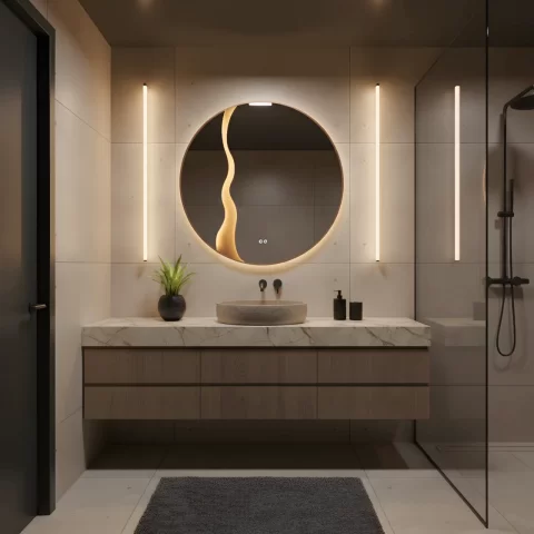 Oglinda baie LED ⌀70 cm rotunda, 3 nuante de lumina, dezaburire si touch control 
