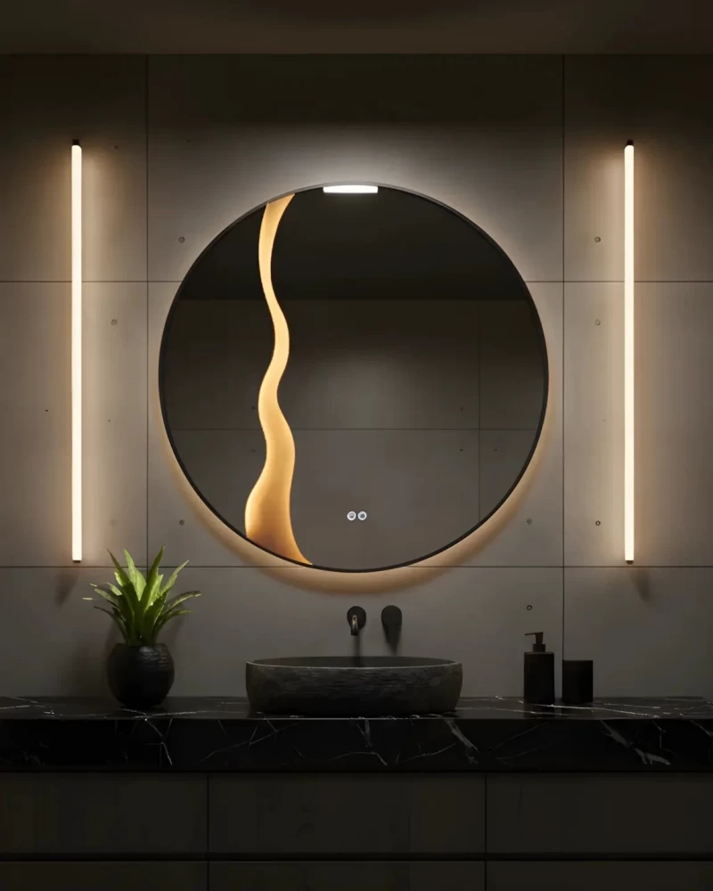 Oglinda baie LED ⌀70 cm rotunda, 3 nuante de lumina, dezaburire si touch control 