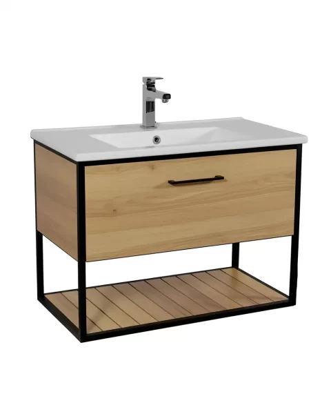 Mobilier baie suspendat Loft Scandi, cu blat si lavoar ceramic, 85 cm