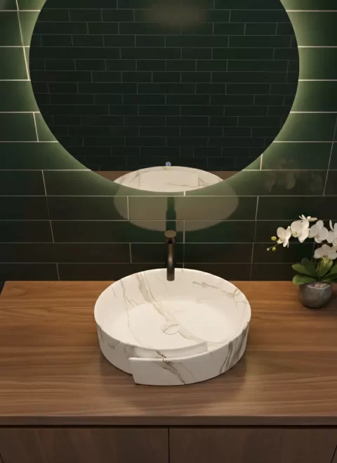 Lavoar Coloana din ceramica premium, alb marmorat cu accente aurii, 43 cm