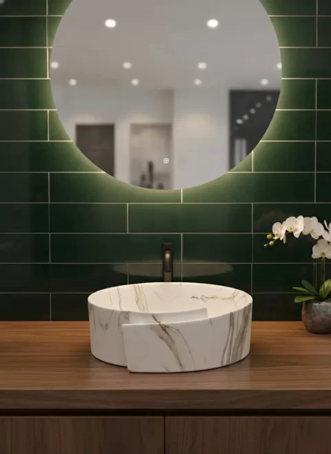 Lavoar Coloana din ceramica premium, alb marmorat cu accente aurii, 43 cm