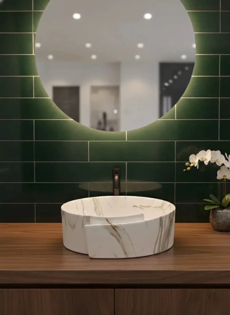 Lavoar Coloana din ceramica premium, alb marmorat cu accente aurii, 43 cm