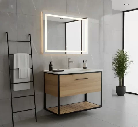 Mobilier baie suspendat Loft Scandi, cu blat si lavoar ceramic, 75 cm