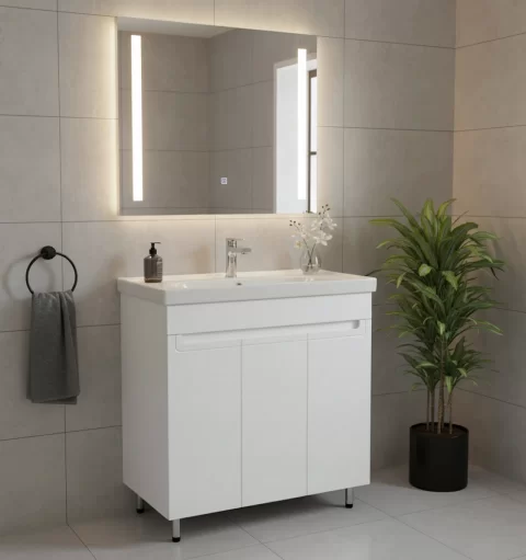 Set mobilier baie pe pardoseala 100 cm, model Omega cu lavoar ceramic