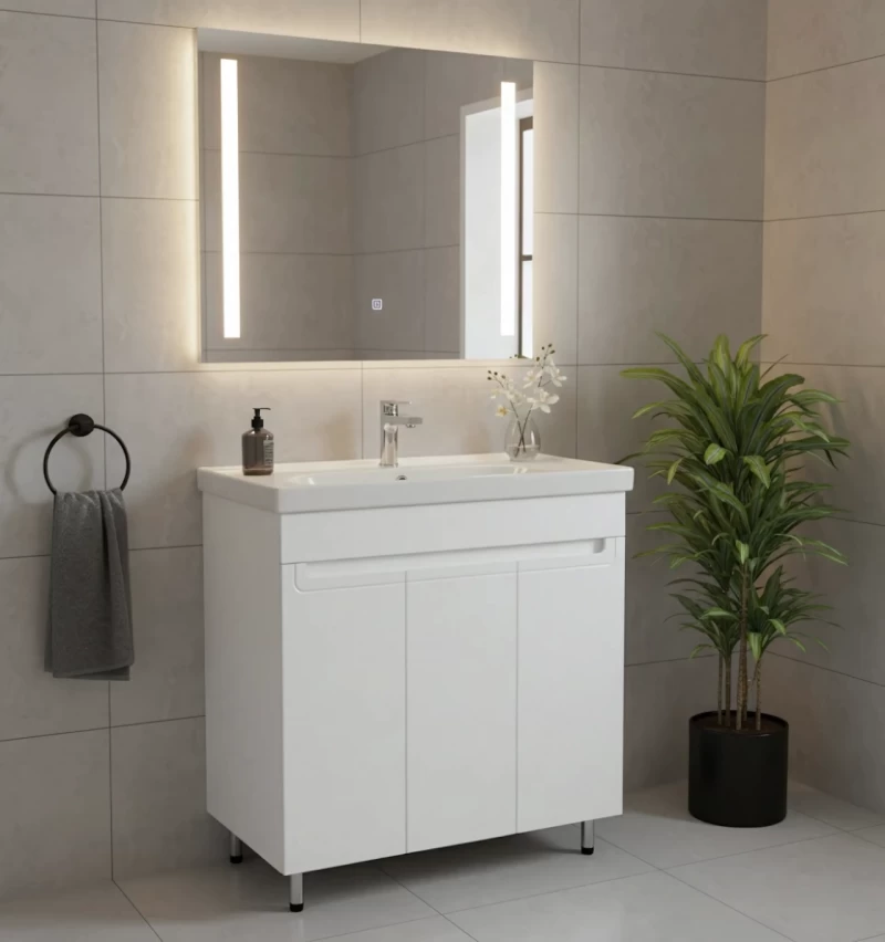 Set mobilier baie pe pardoseala 100 cm, model Omega cu lavoar ceramic