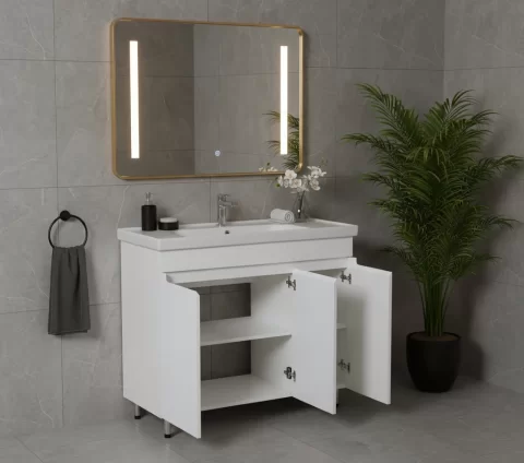 Set mobilier baie pe pardoseala 100 cm, model Omega cu lavoar ceramic