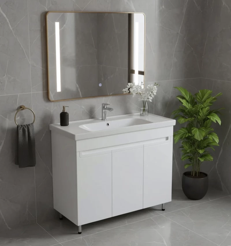 Set mobilier baie pe pardoseala 100 cm, model Omega cu lavoar ceramic