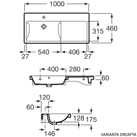 Lavoar baie suspendat Roca The Gap 100x46 cm, asimetric