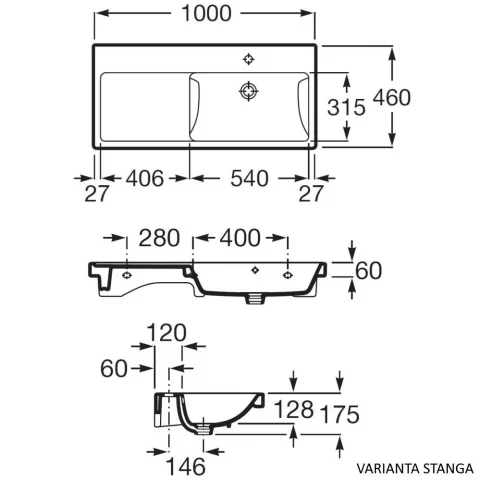 Lavoar baie suspendat Roca The Gap 100x46 cm, asimetric