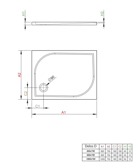 Cadita dus dreptunghiulara Radaway Delos D 100x75x5,5 cm acrilica