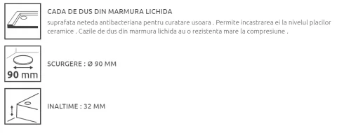 Cadita dus dreptunghiulara Radaway Zantos F 100x80xH3,2 cm, marmura lichida