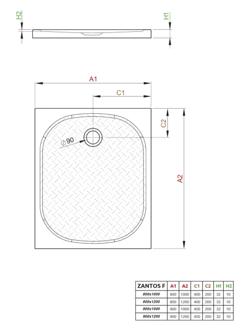 Cadita dus dreptunghiulara Radaway Zantos F 100x80xH3,2 cm, marmura lichida